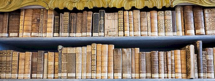 Alte Bücher stehen in Regalen
