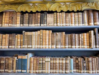Alte Bücher stehen in Regalen