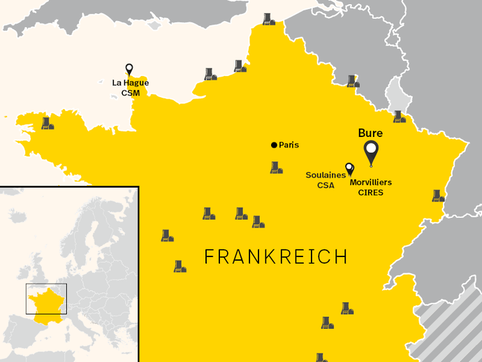 Karte Frankreichs mit AKW-Standorten, der Hauptstadt Paris, den bereits existierenden Lagern für radioaktive Abfälle und dem geplanten Endlager für hochradioaktive Abfälle in Bure.