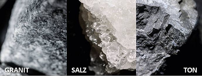 Nahaufnahmen der Wirtsgesteine Granit, Salz und Ton